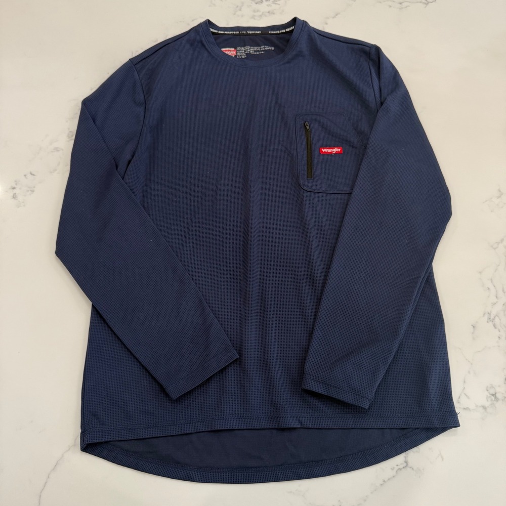 Wrangler Waffle Thermal Long Sleeve Shirt Blue Pocket Logo Mens XL Workwear